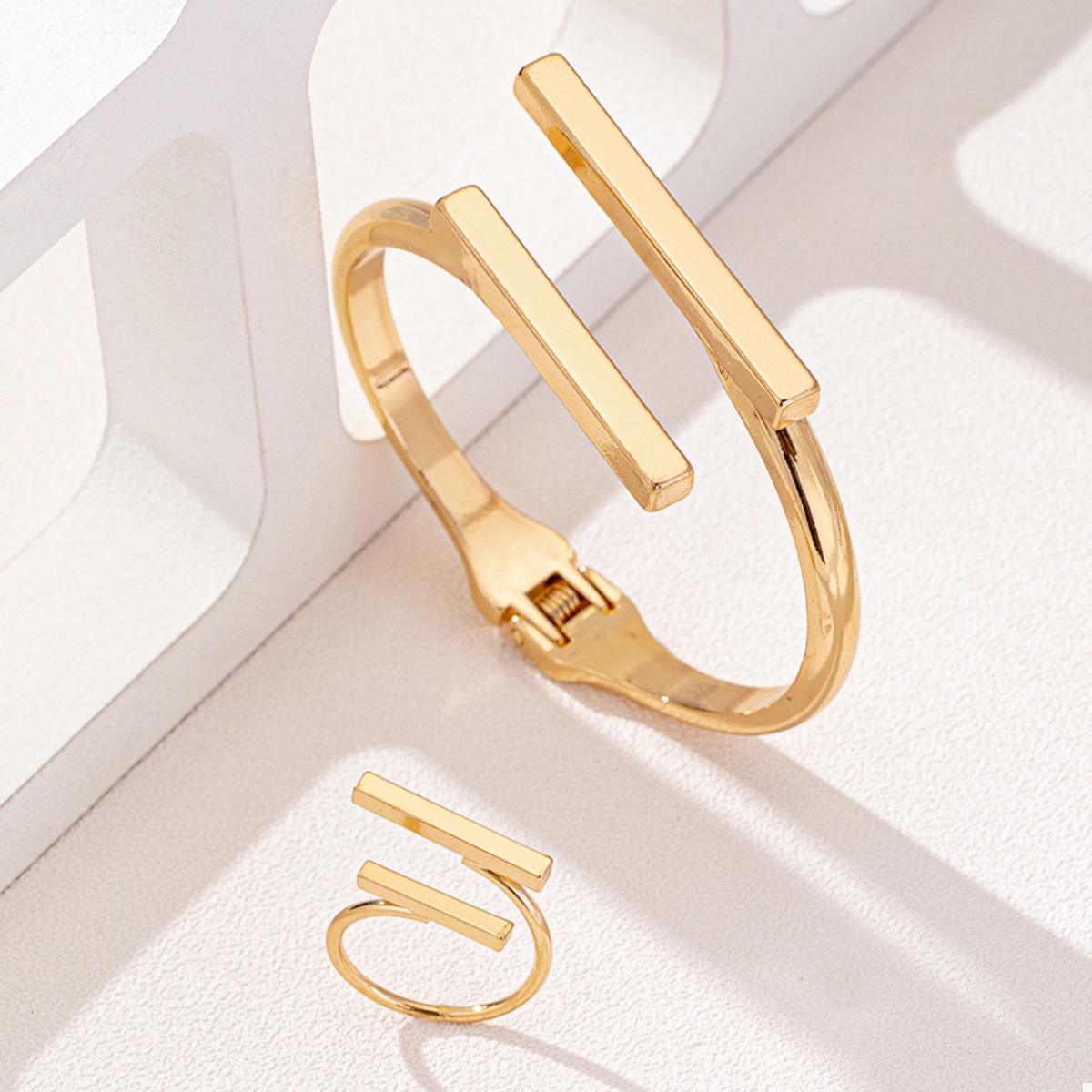 Adjustable 18K Gold-Plated Modern Bar Bracelet and Ring Jewelry Set