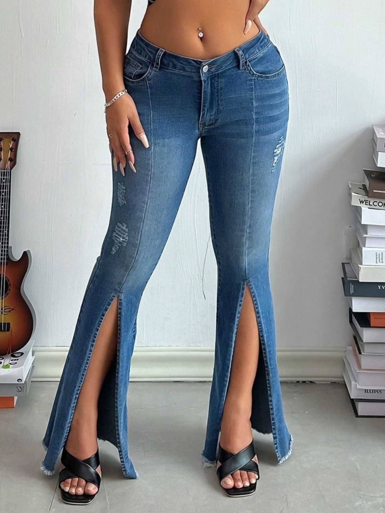 Distressed Slit Flare Jeans view 4