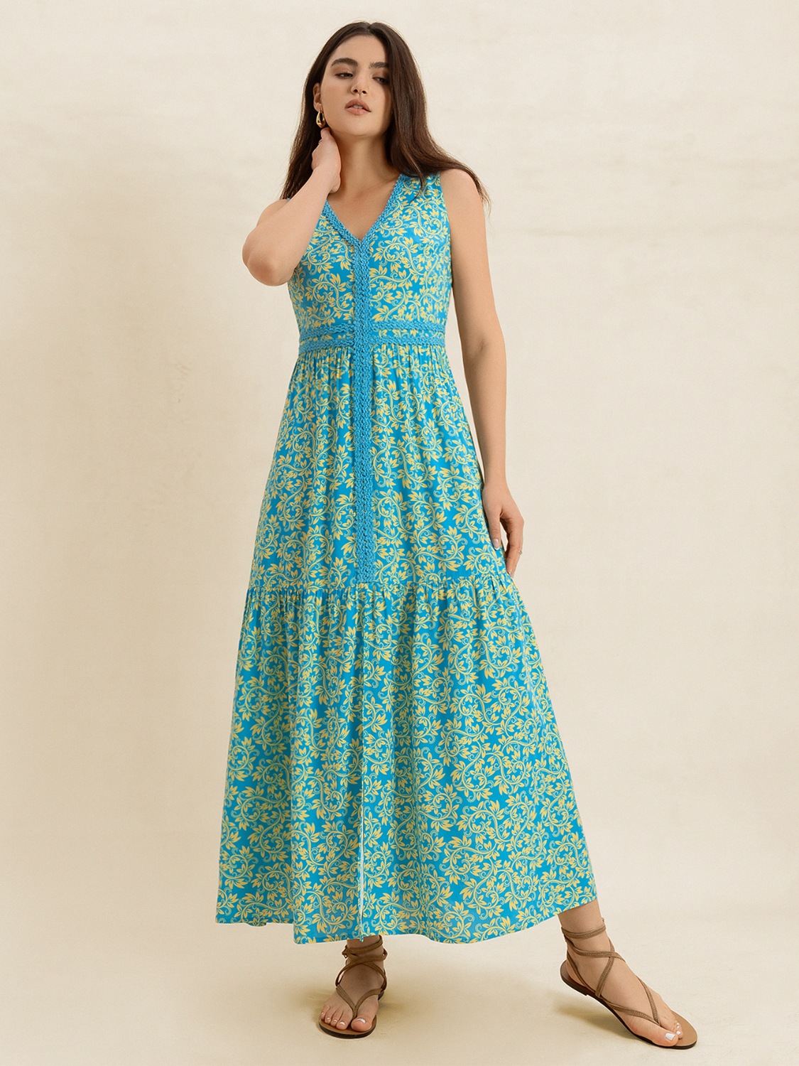 Slit Printed V-Neck Sleeveless Dress