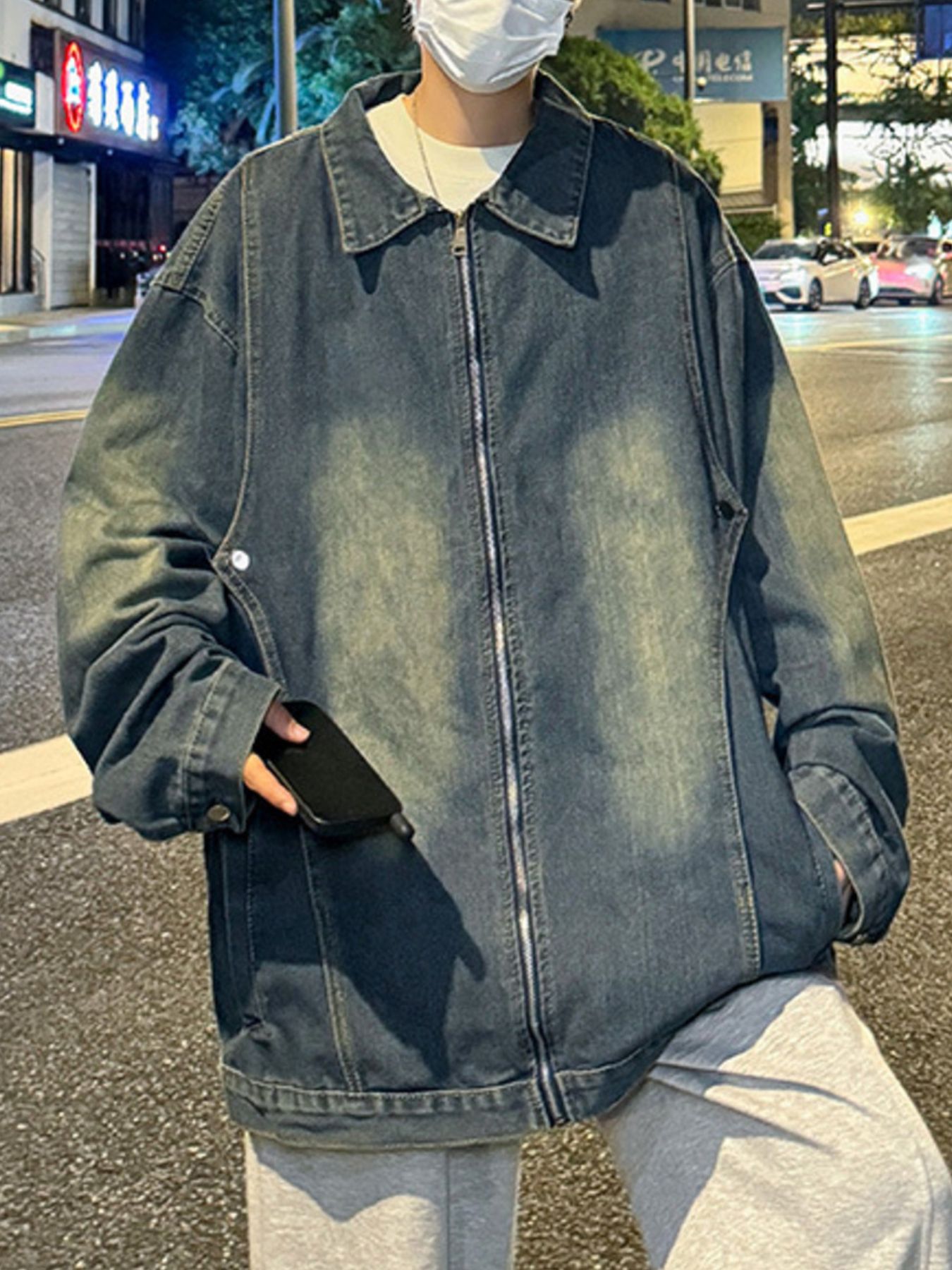 Men's Full Size Zip Up Long Sleeve Denim Jacket Plus Size