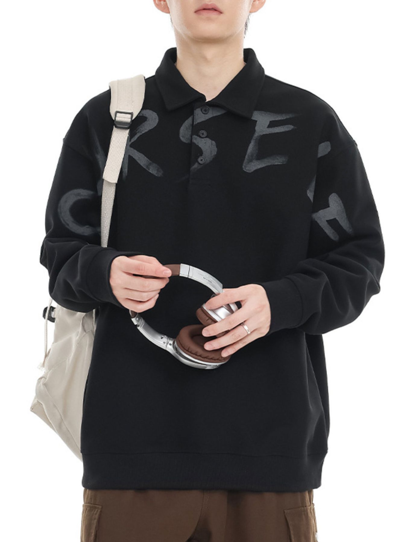 Men's Plus Size Letter Long Sleeve Polo Sweatshirt