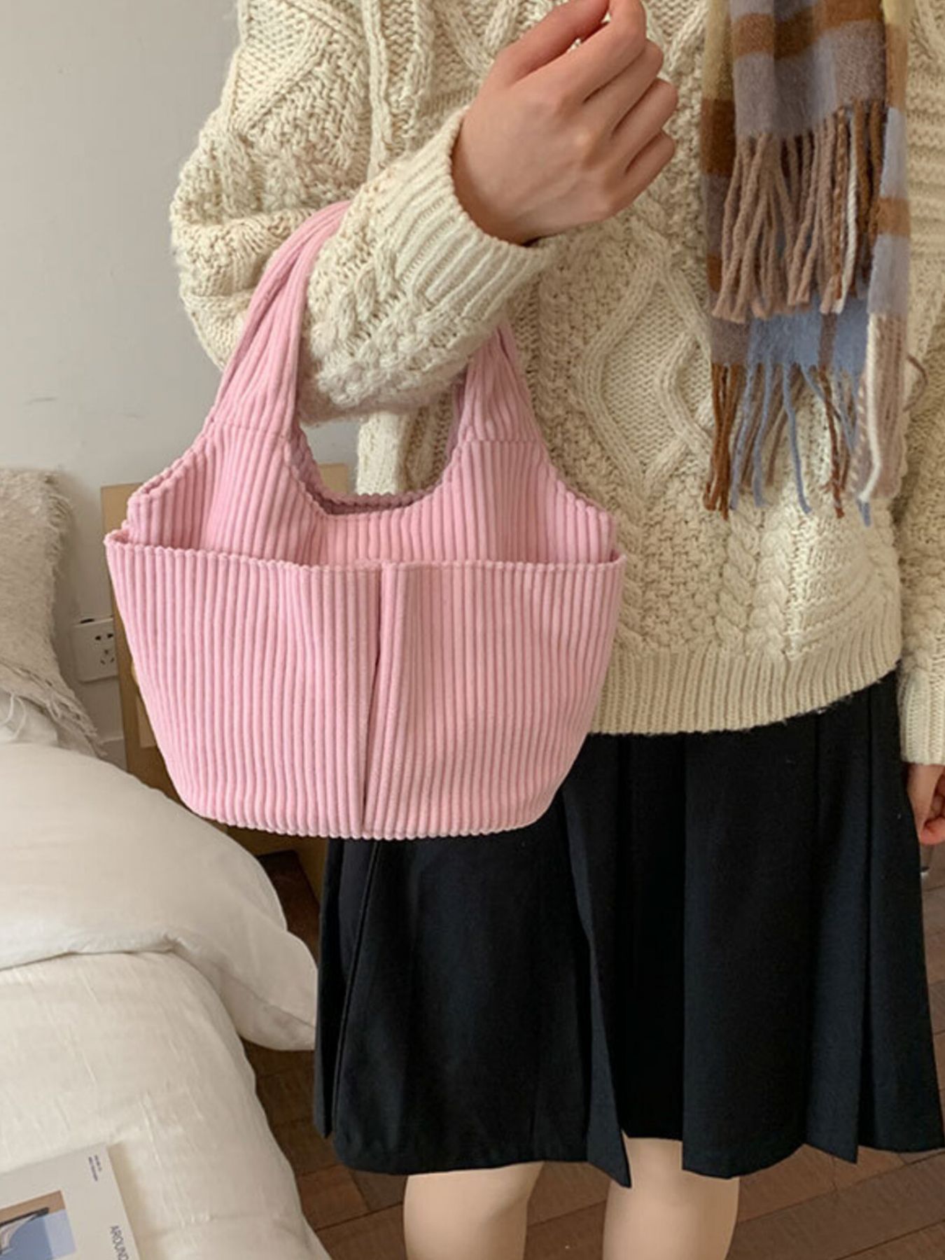 Corduroy Solid Color Handbag