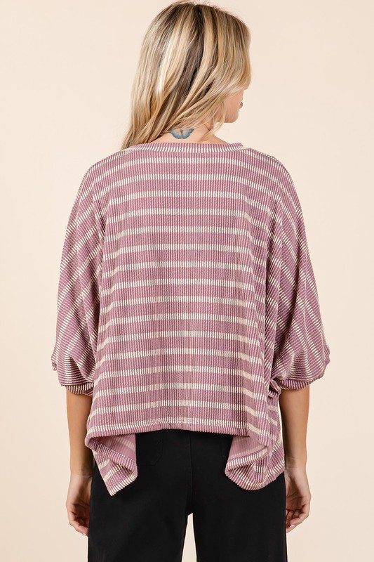 Texture Striped Print Round Neck Dolman Sleeve Top