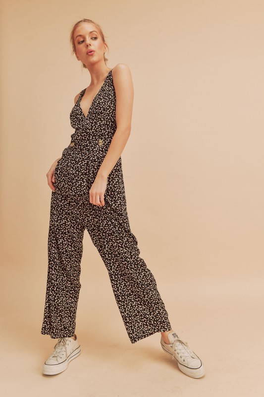 Ditsy Floral Surplice Sleeveless Wide Leg Jumpsuit