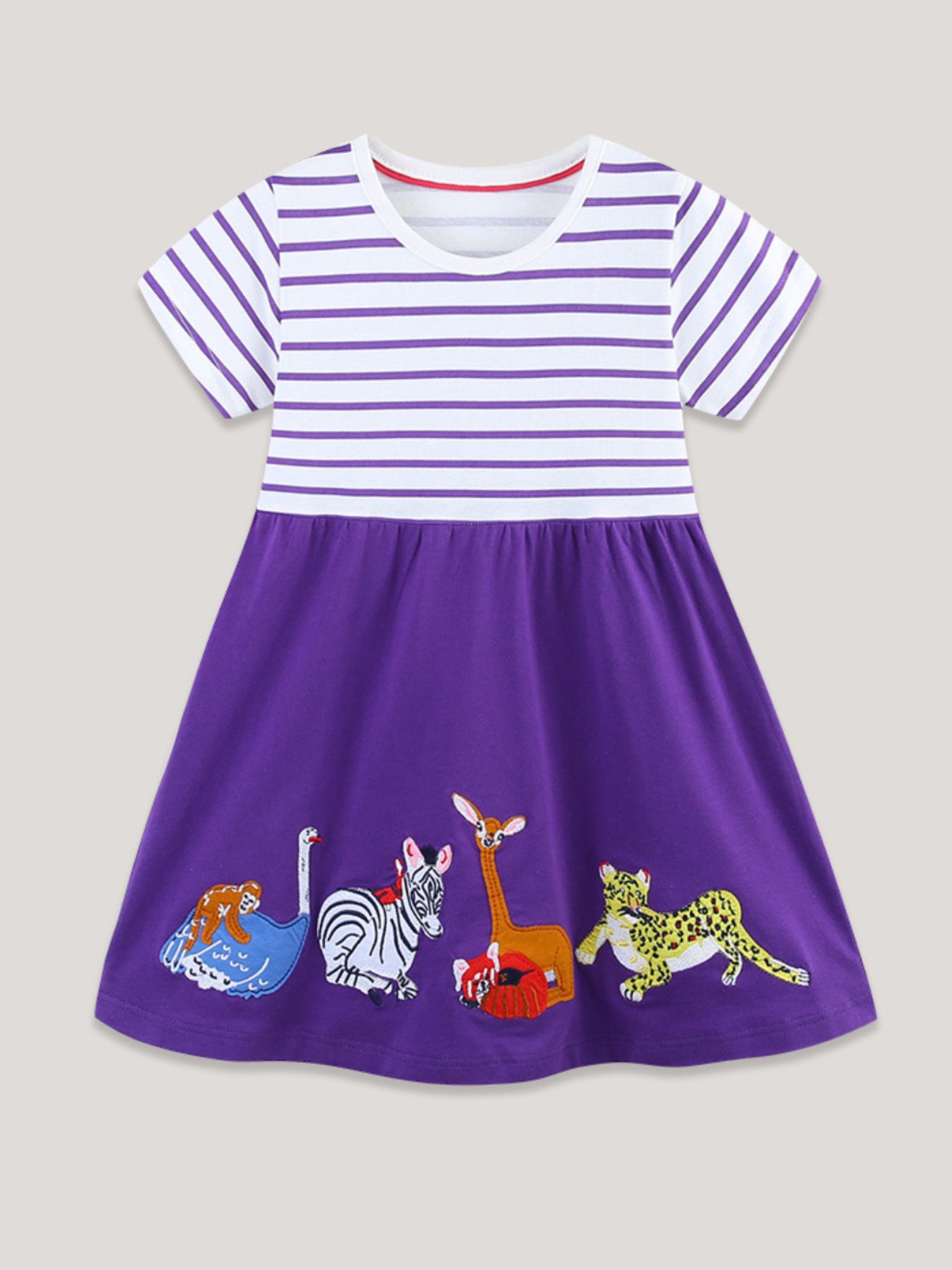 Children's Striped & Animal Embroidered Dress 1