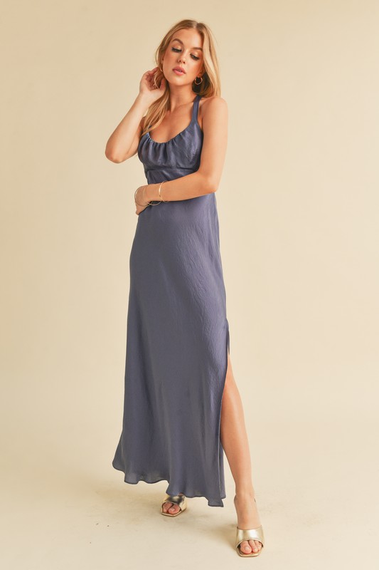 Ruched Side Slit Cutout Back Maxi Cami Dress