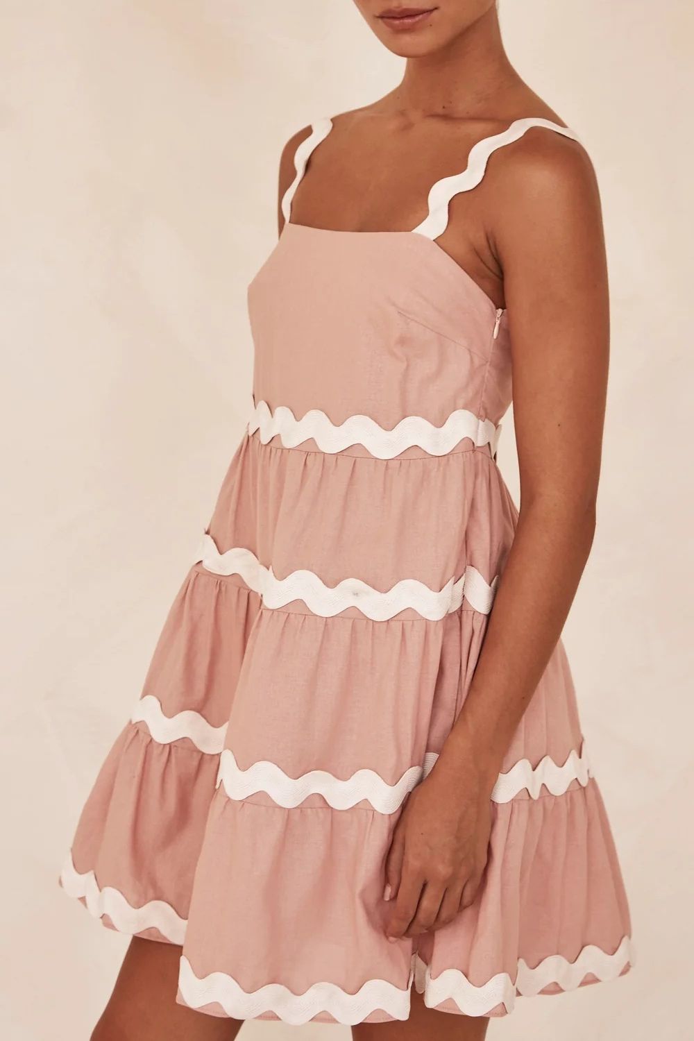 Contrast Trim Square Neck Tiered Dress