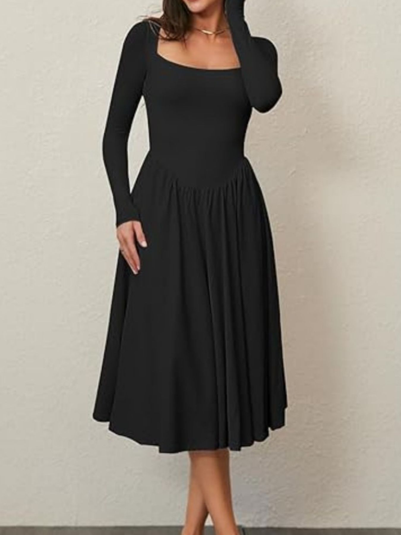 Square Neck Long Sleeve Midi Dress