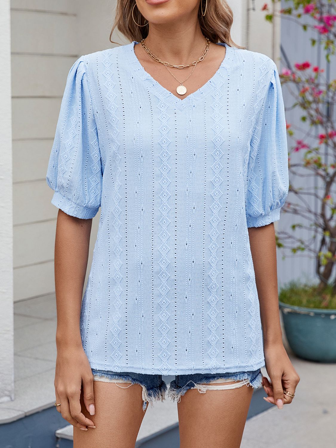 Puff Sleeve V-Neck Eyelet Lace T-Shirt