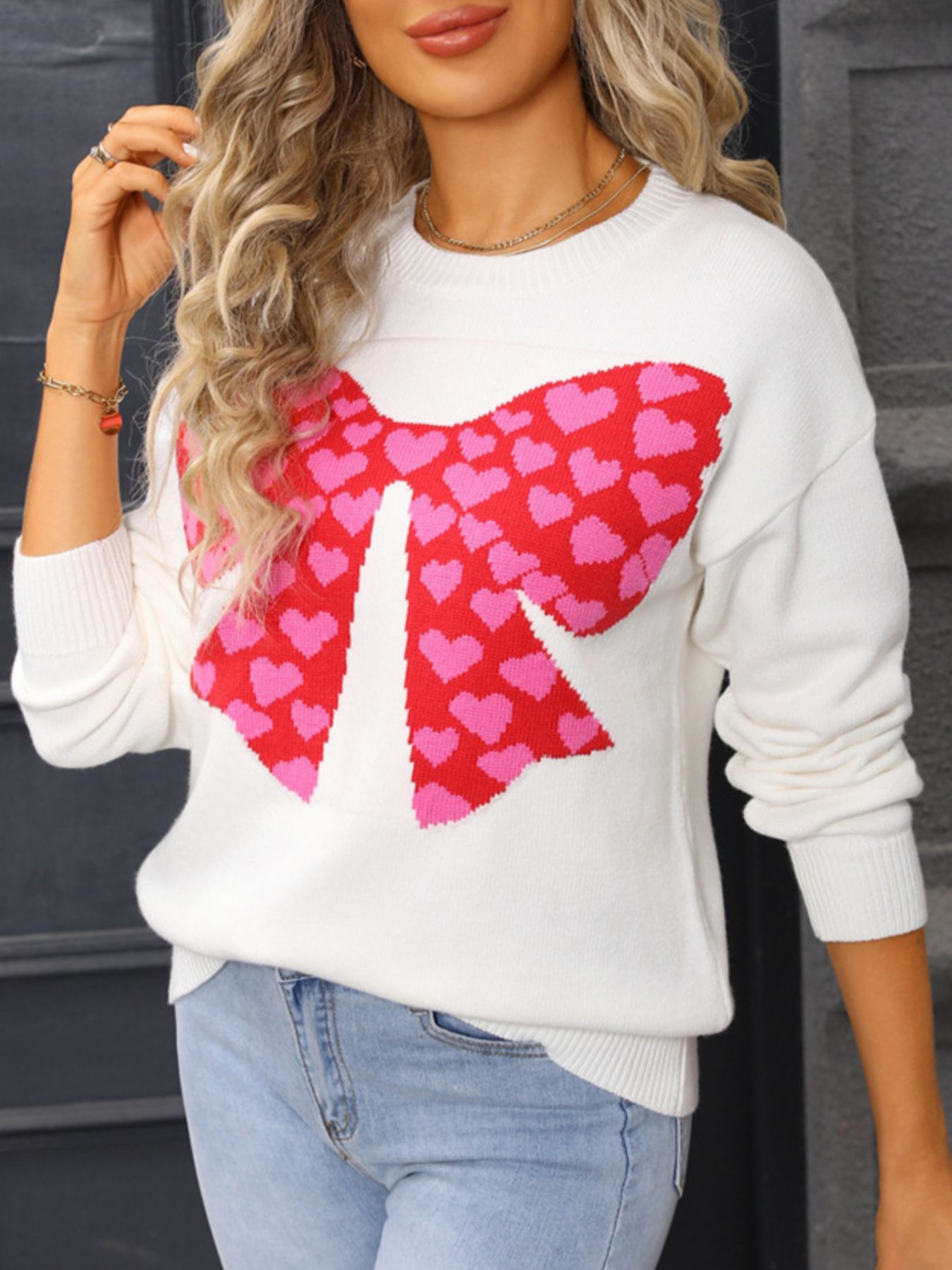 Valentine's Day Heart Bow Round Neck Sweater