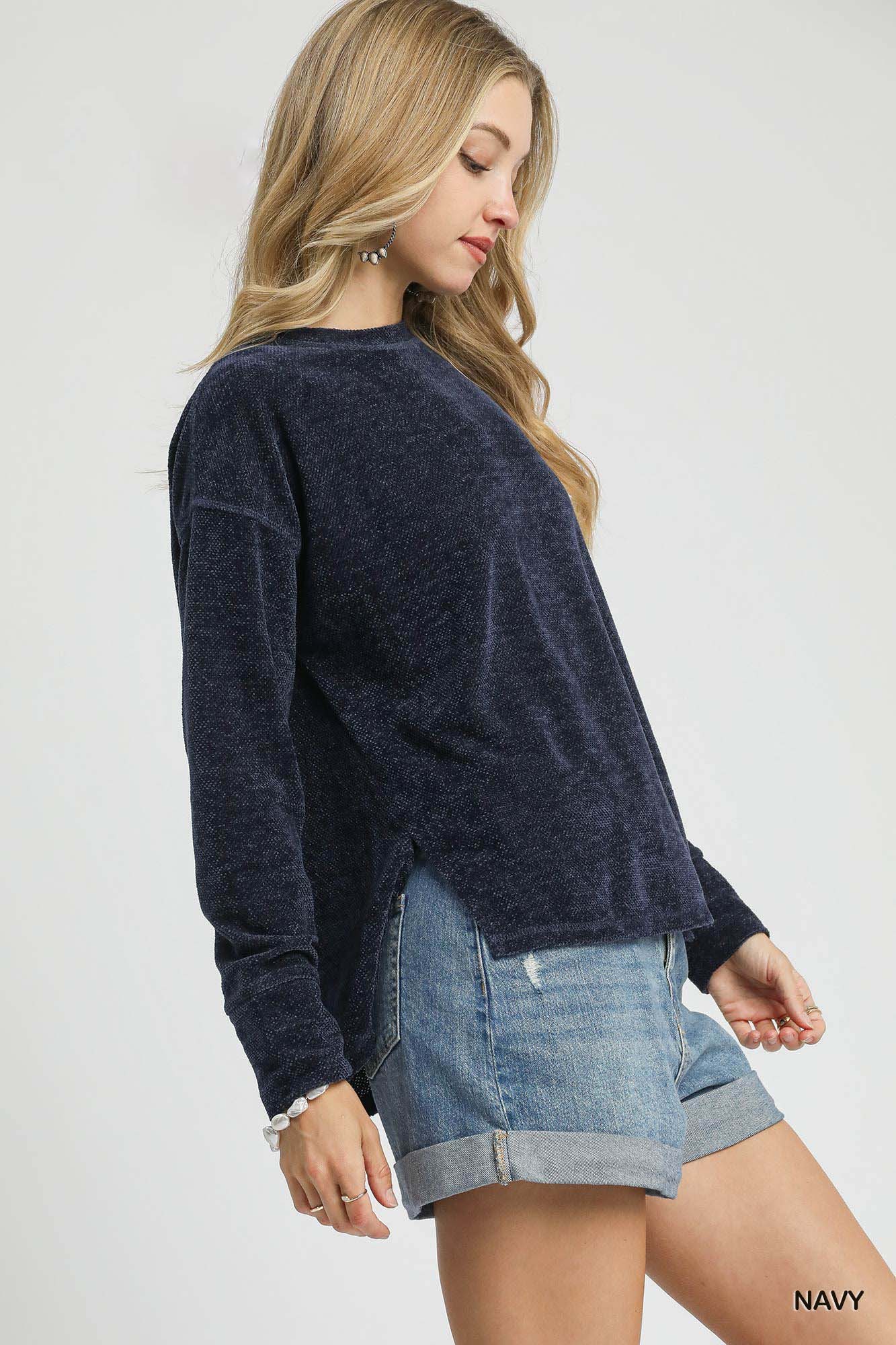 Umgee Round Neck Long Sleeve Side Slit Top