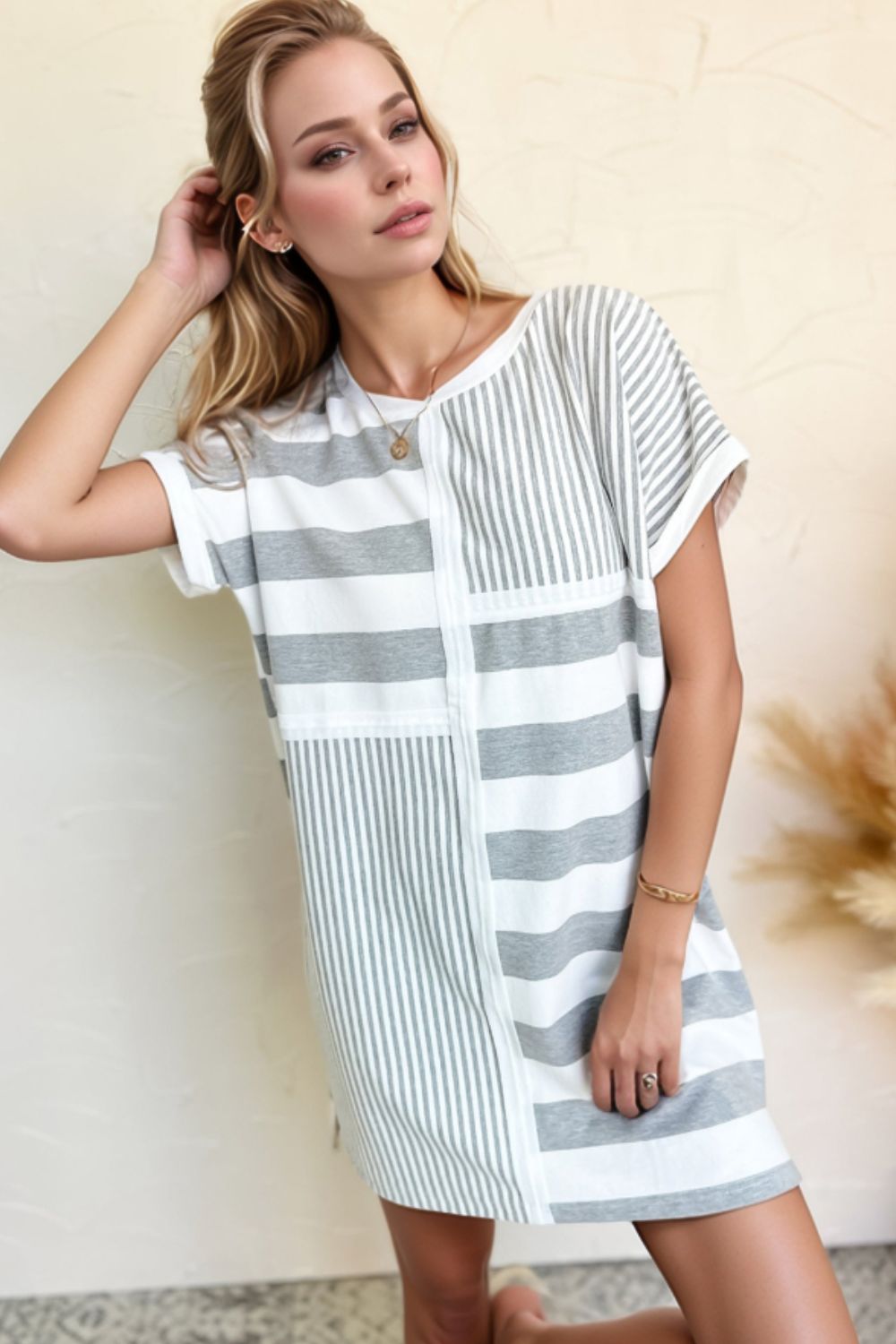 Stripe Mixed Short Sleeve Shift Mini Tee Dress