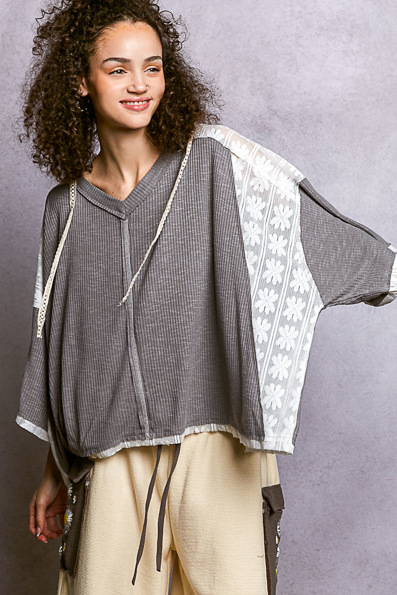 Short Sleeve Hoodie Top with Lace Detail