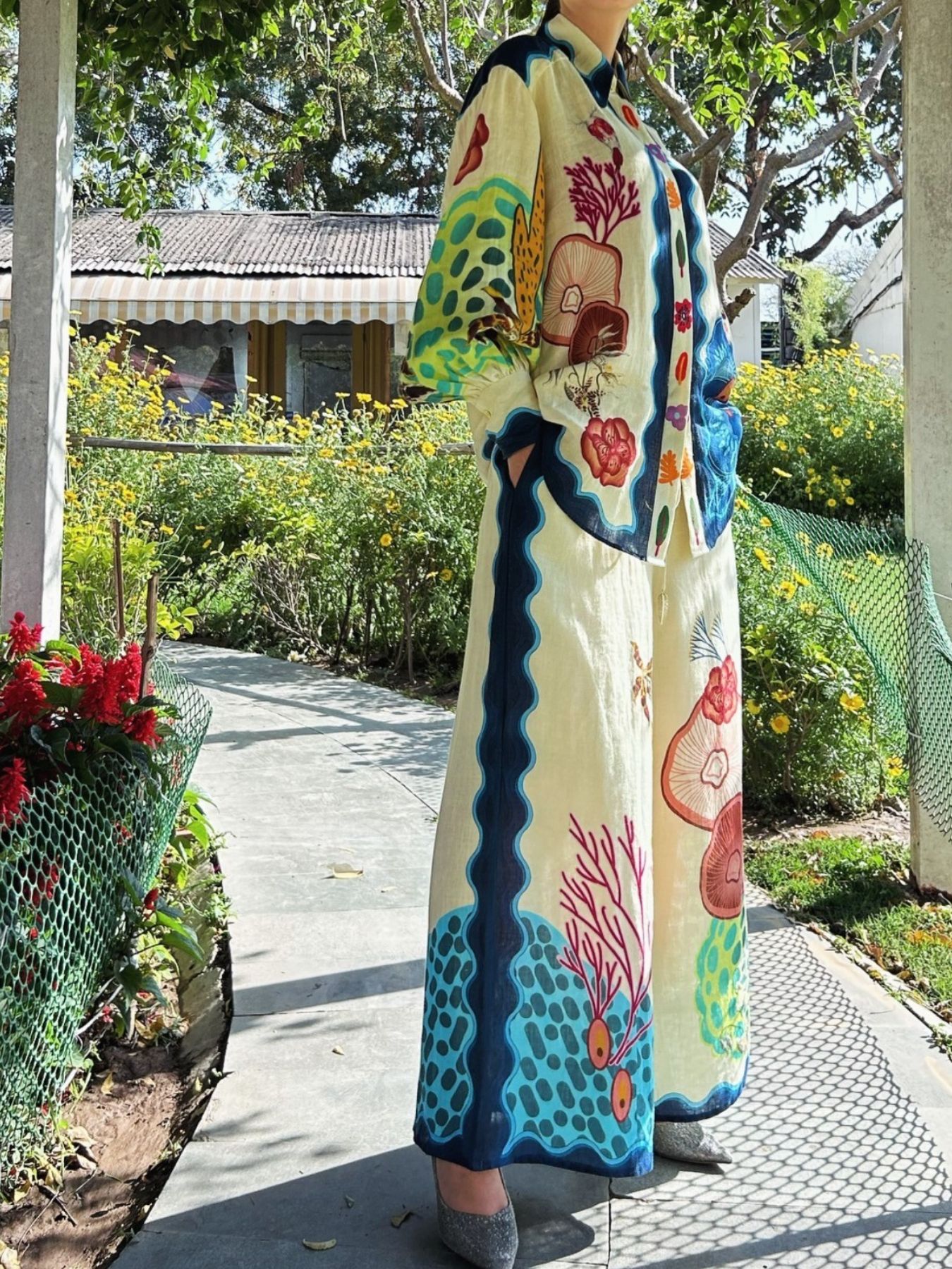 Printed Collared Neck Shirt and Wide Leg Pants Set