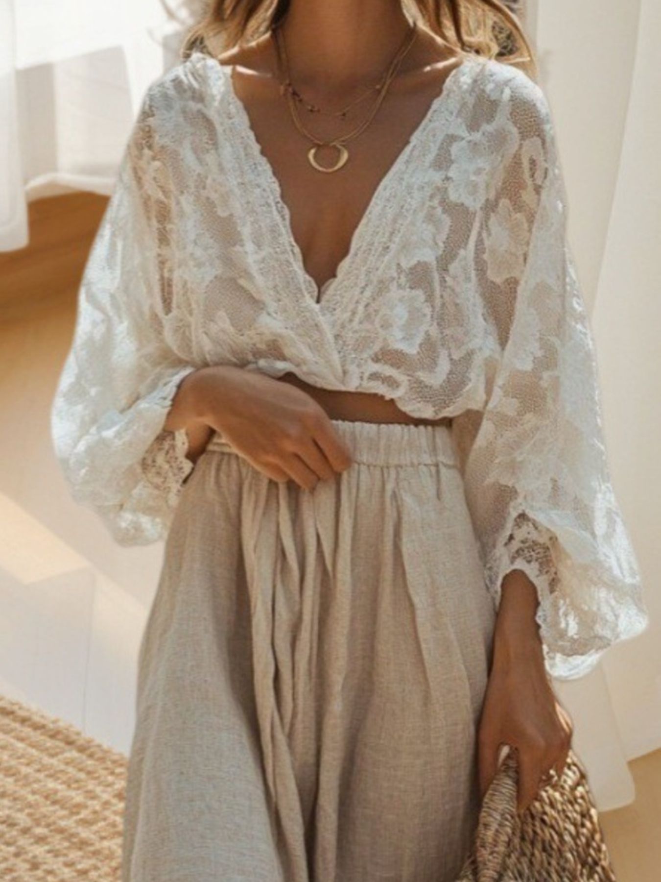 Lace Long Sleeve Top and Skirt Set