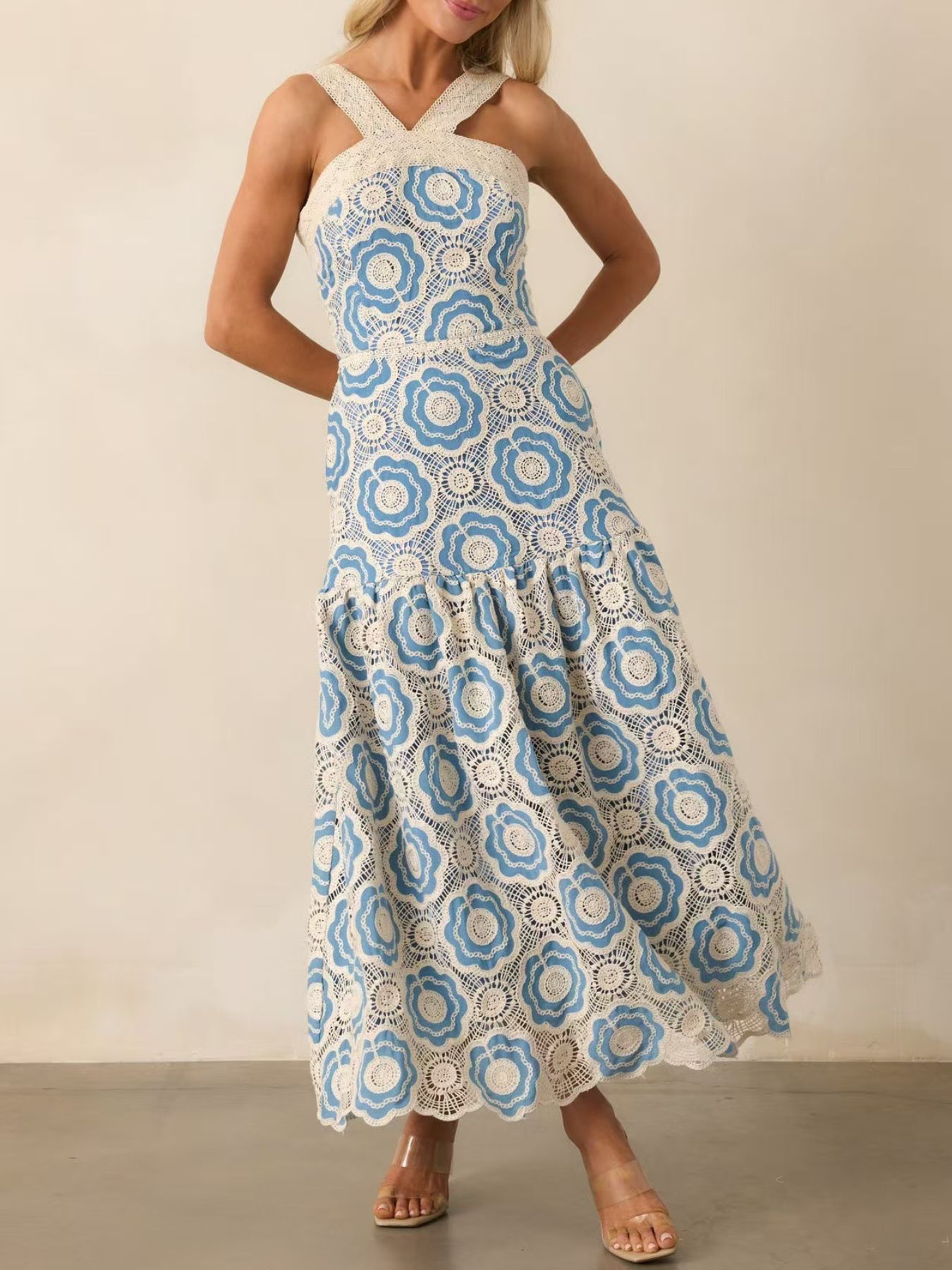 Lace Sleeveless Tiered Midi Dress