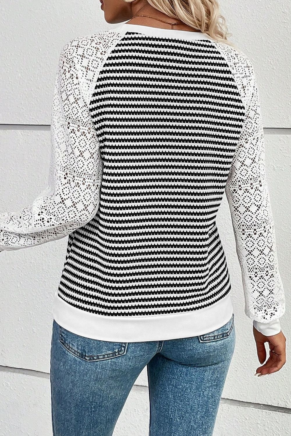 Striped Lace Raglan Sleeve Blouse