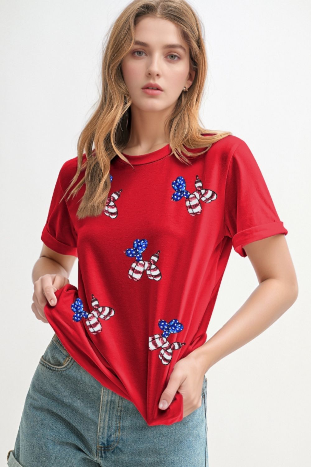 Sequin Stars and Stripes Balloon Puppy Graphic Crewneck Tee