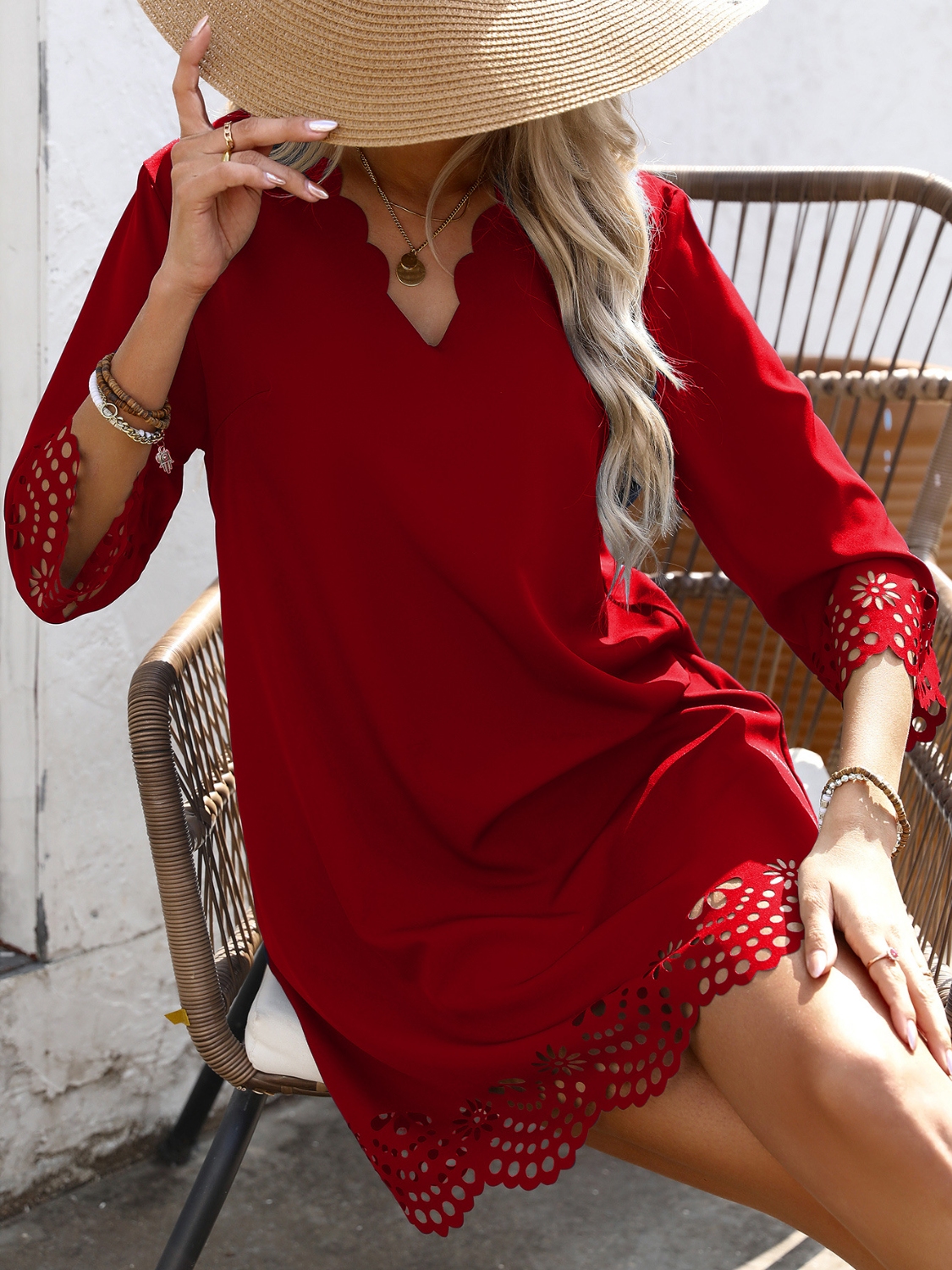 Cutout V-Neck Three-Quarter Sleeve Mini Dress