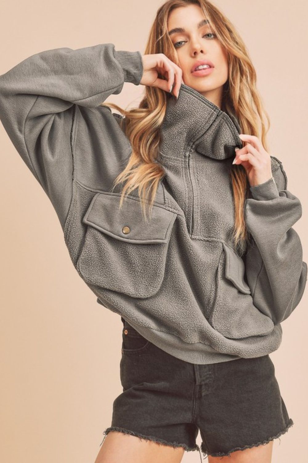 Exposed Seam Half Zip Sweatshirt with Pockets