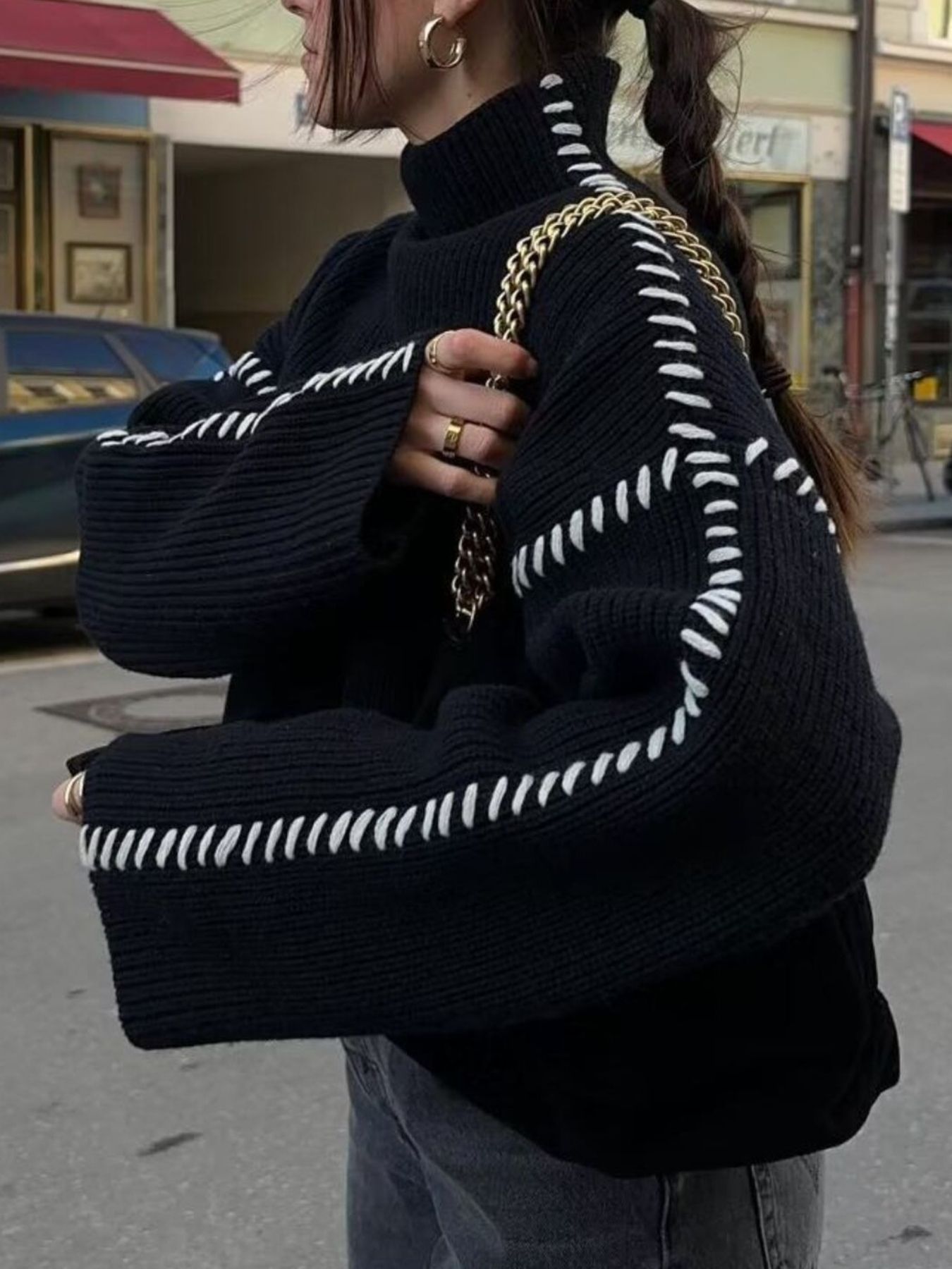 Contrast Mock Neck Long Sleeve Sweater