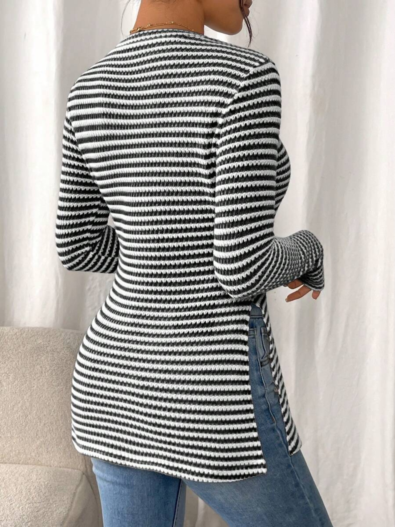 Slit Striped Long Sleeve Casual T-Shirt