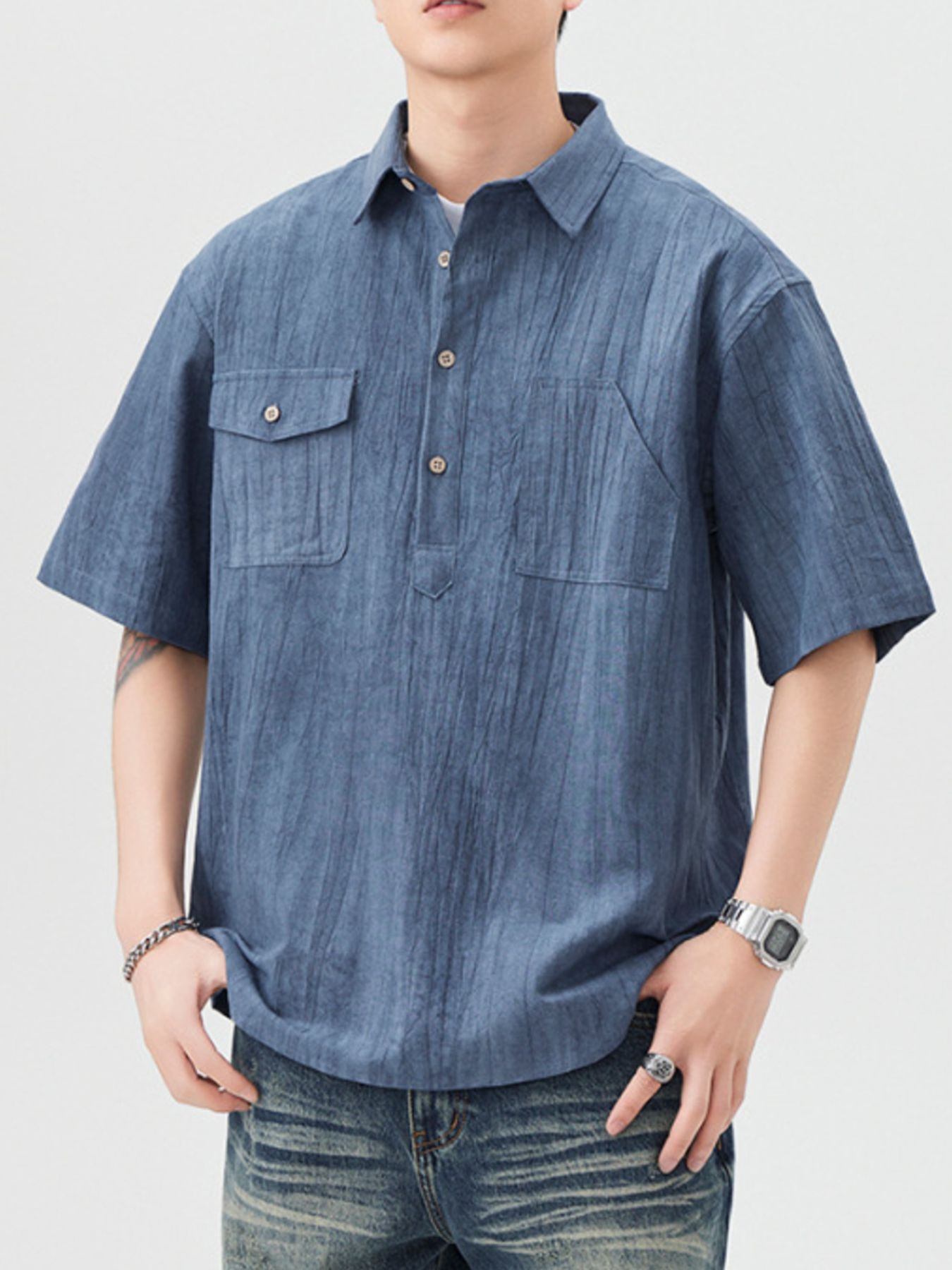 Men's Plus Size Button Detail Short Sleeve Shirt