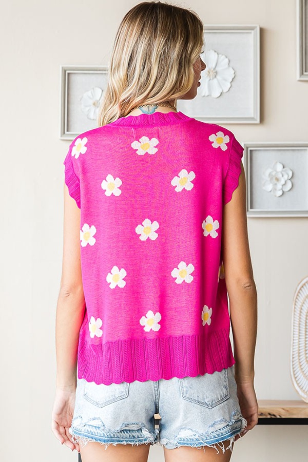 Full Size Flower Pattern Round Neck Sweater Vest