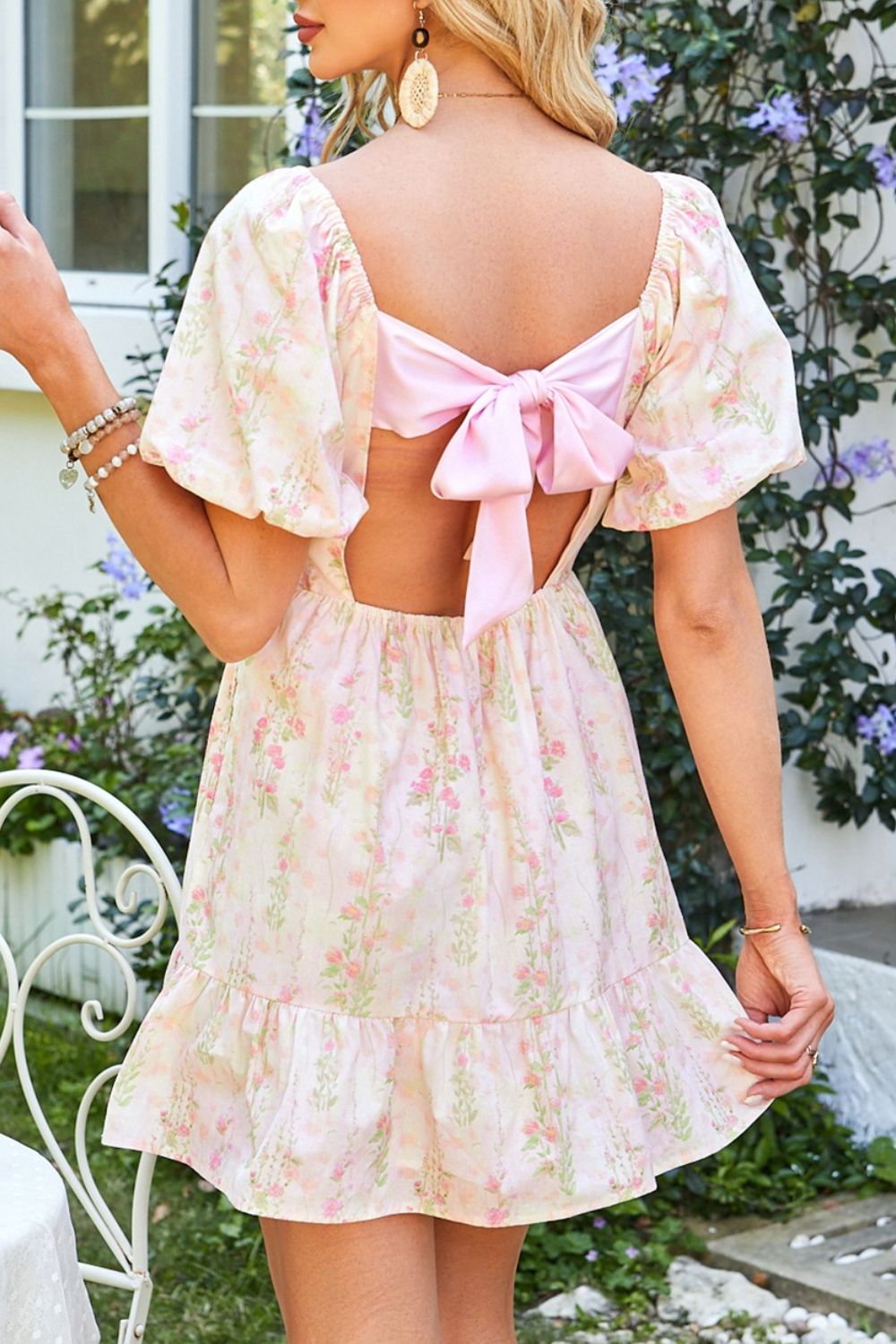 Floral Puff Sleeve Square Neck Knotted Open Back Ruffled Mini Dress