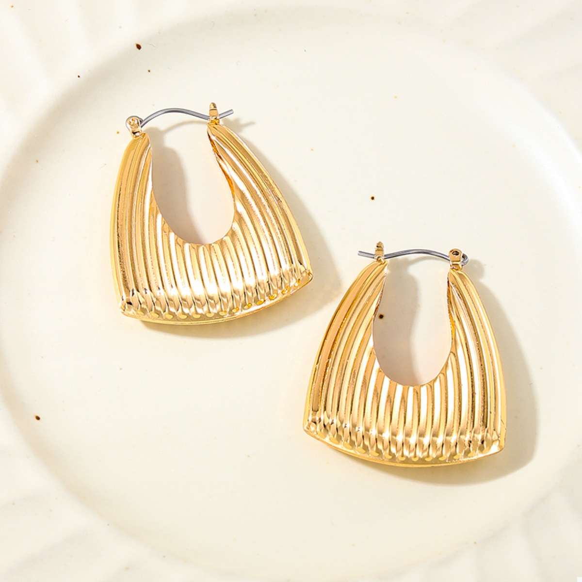 18K Gold-Plated Alloy Ribbed Triangular Hoop Earrings