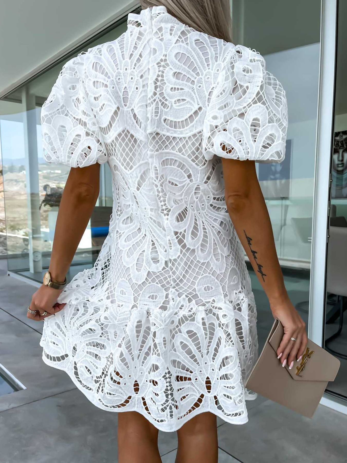 Lace Mock Neck Puff Sleeve Dress