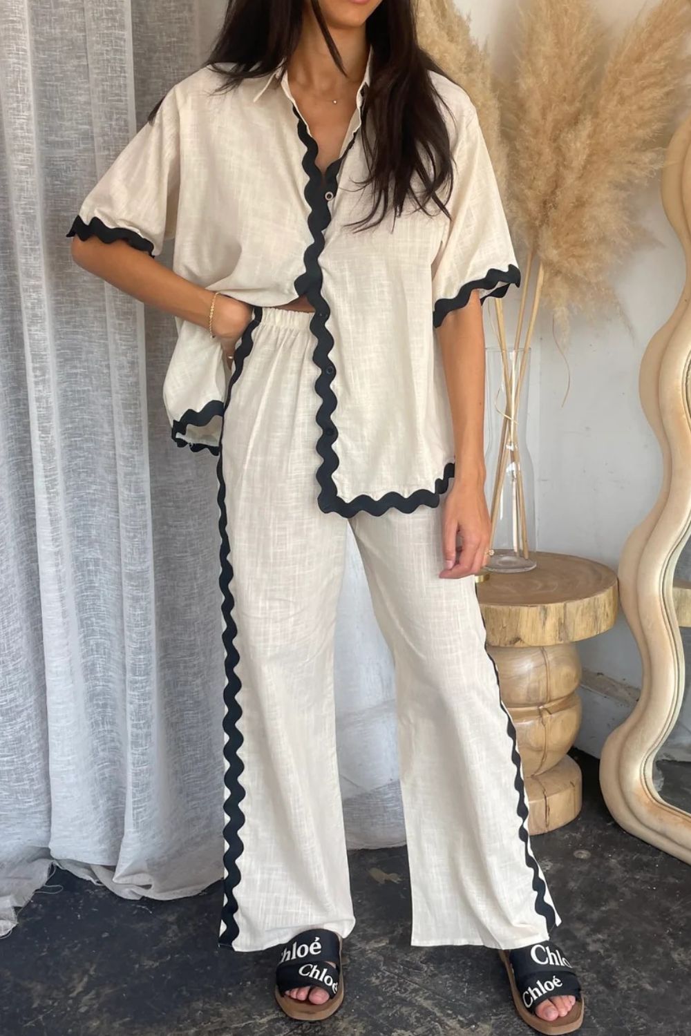 Contrast Trim Half Sleeve Top and Pants Set
