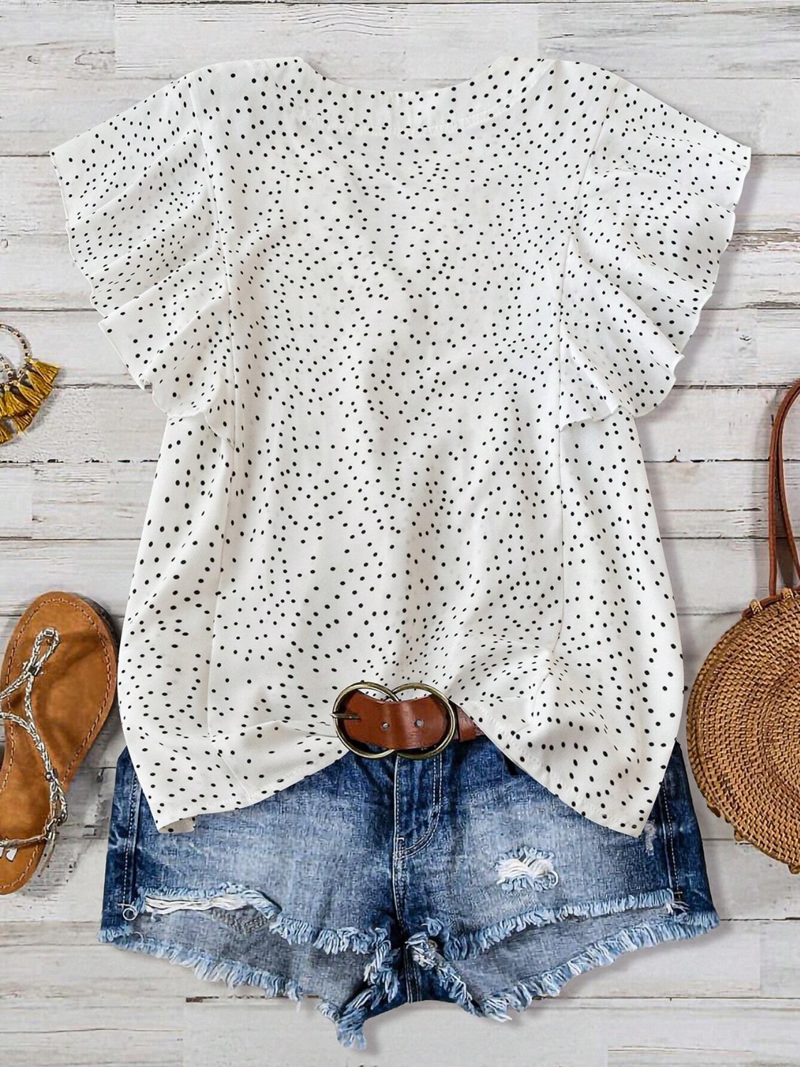 Polka Dot Notched Ruffled Cap Sleeve Blouse