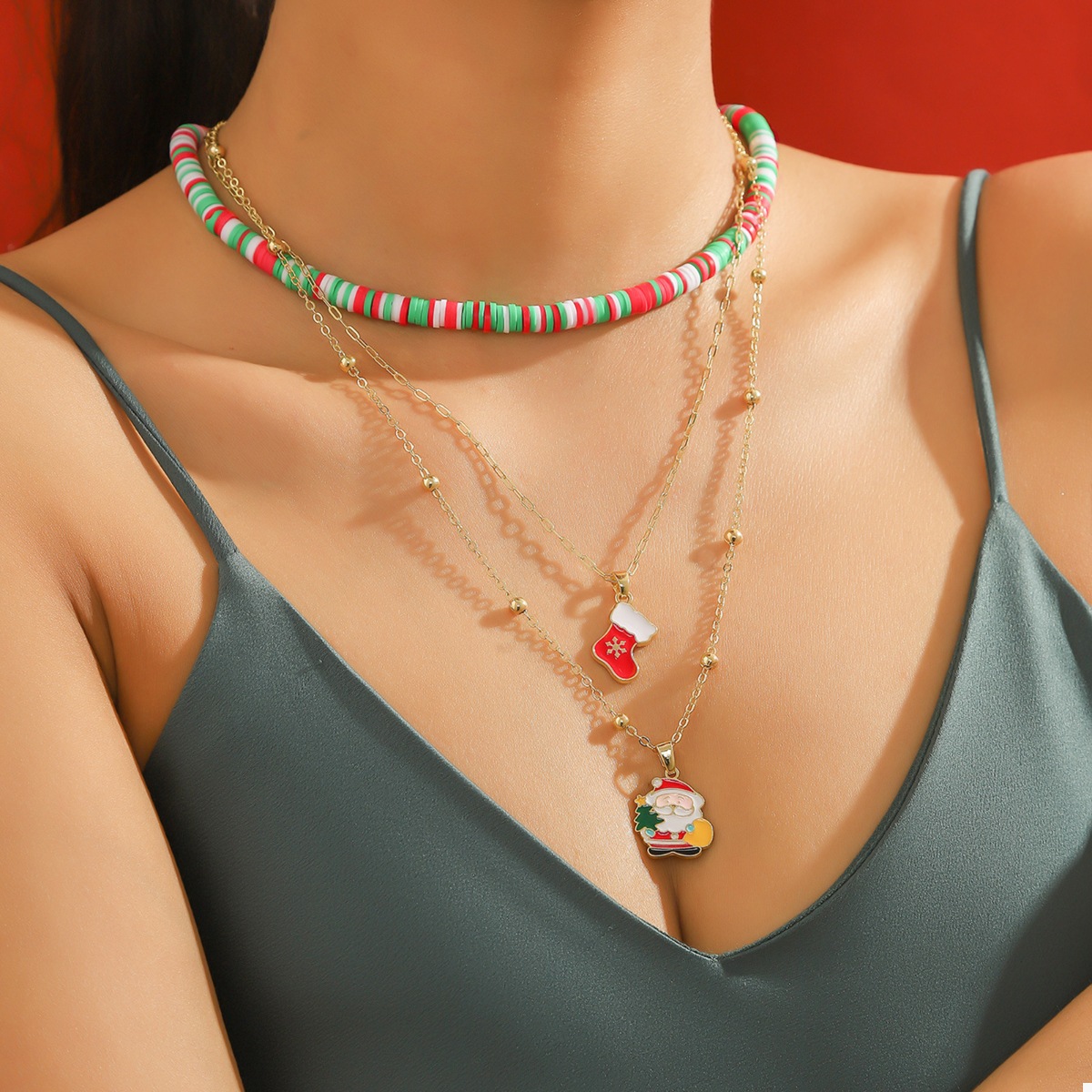 Colorful Christmas Charm Layered Necklace