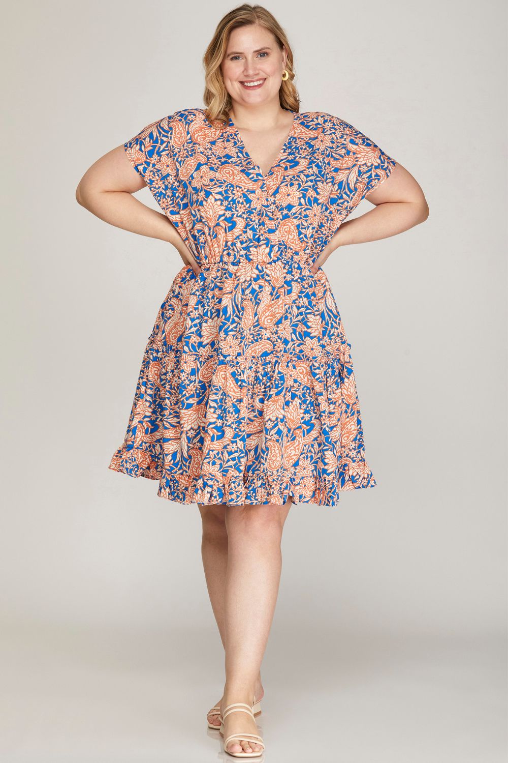Full Size Ruffled Hem Printed Surplice Kimono Sleeve Mini Dress Plus Size