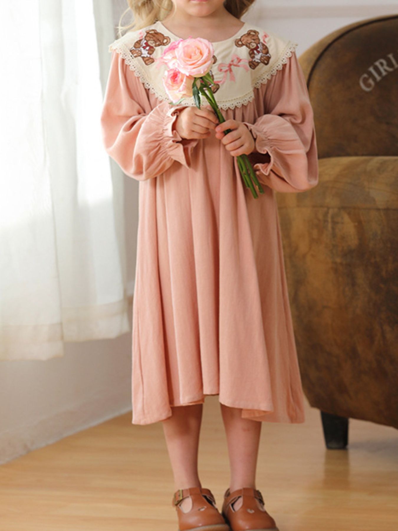 Children's Teddy Bear Embroidered Collar Long Sleeve Dress