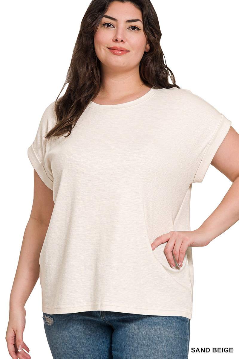 Full Size Cotton Modal Slub Rolled Sleeve T-Shirt Plus Size
