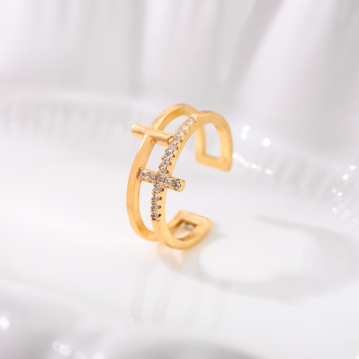 18K Gold-Plated Rhinestone Cross Open Ring