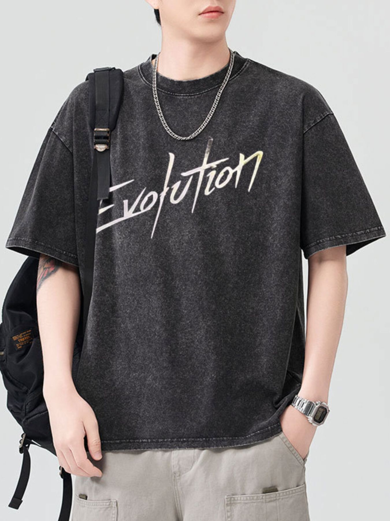 Men's Letter Round Neck Short Sleeve T-Shirt