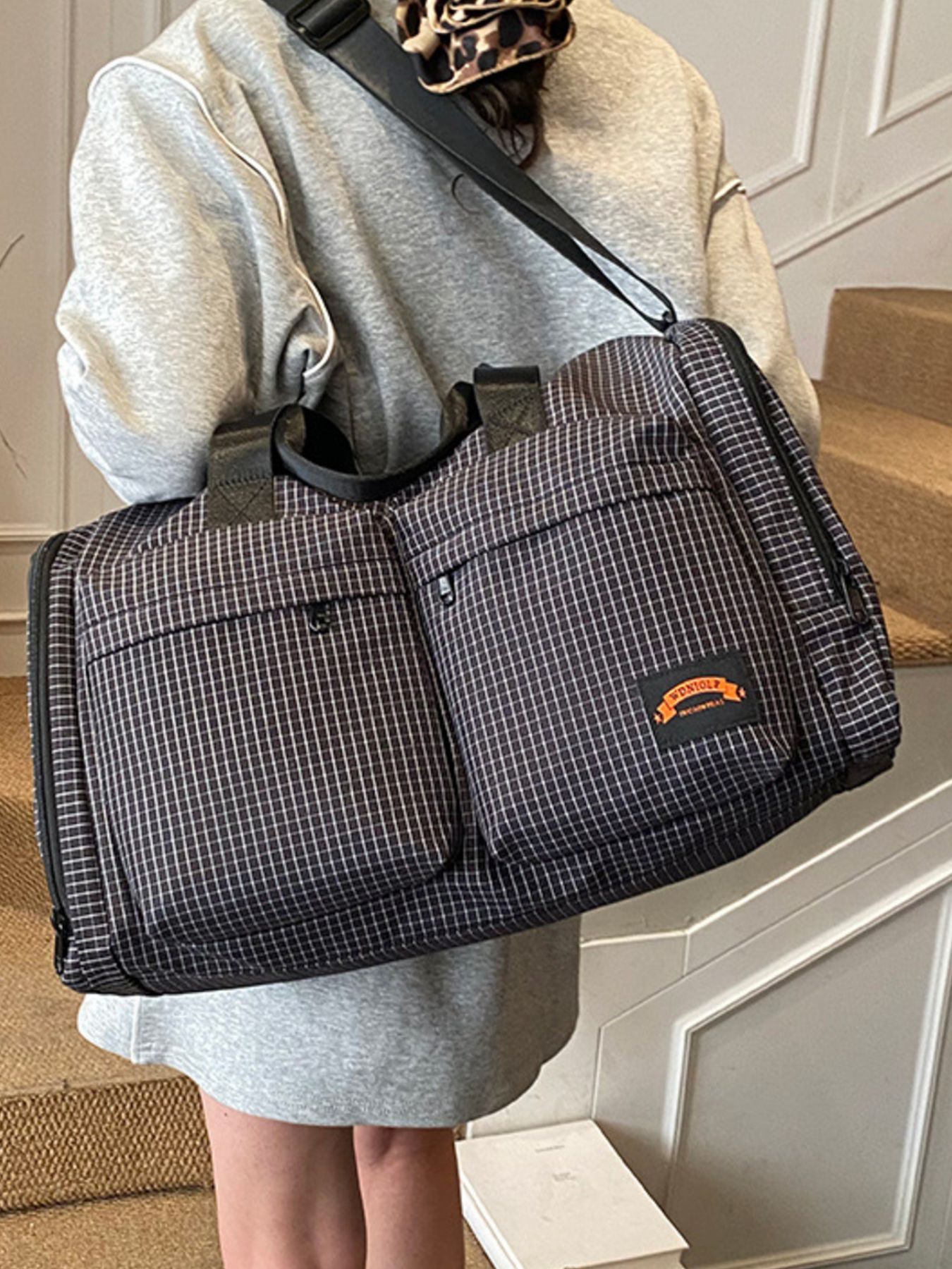 Plaid Duffel Bag with Multiple Pockets 8