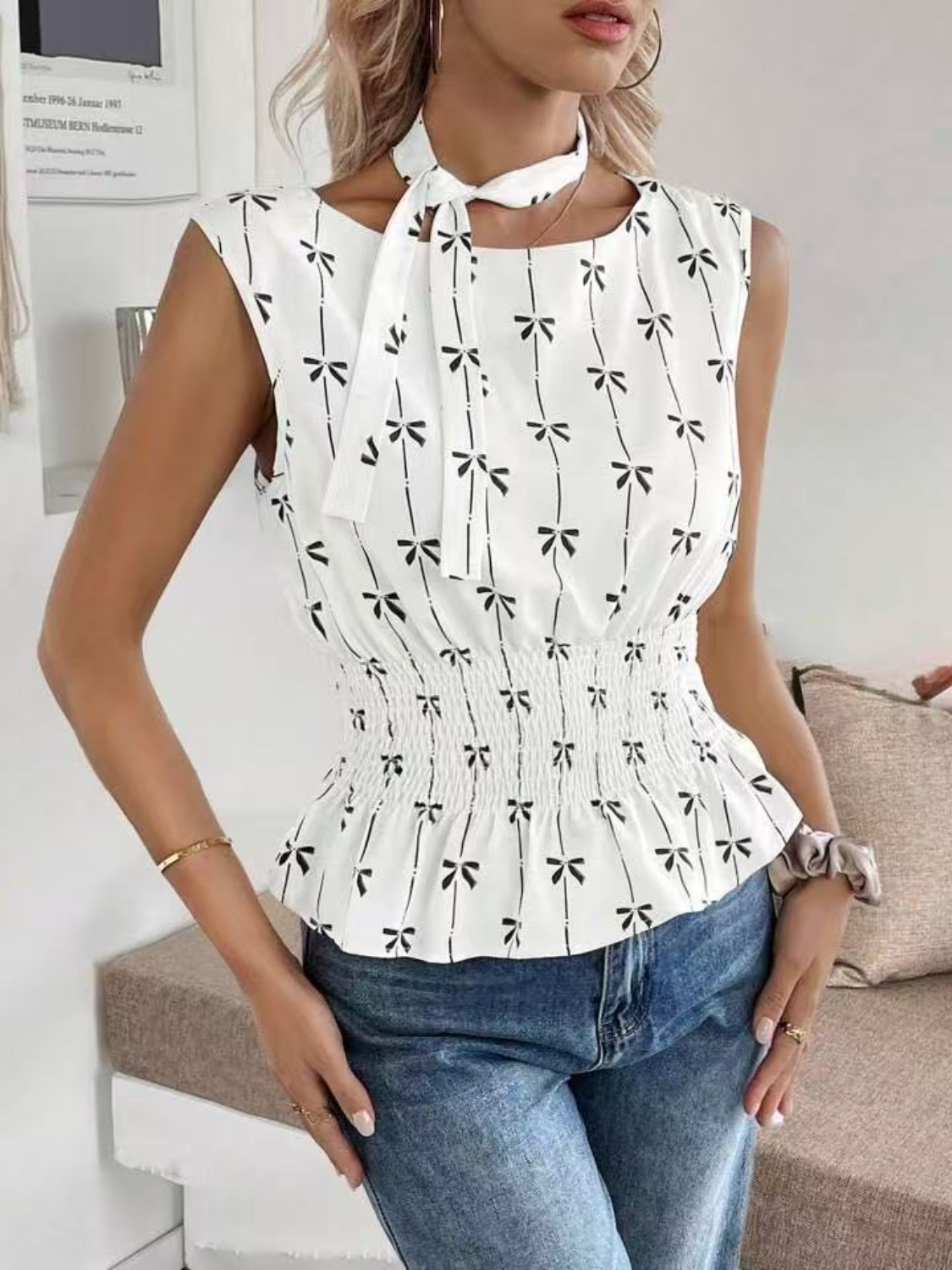 Bow Print Tie Shoulder Tank