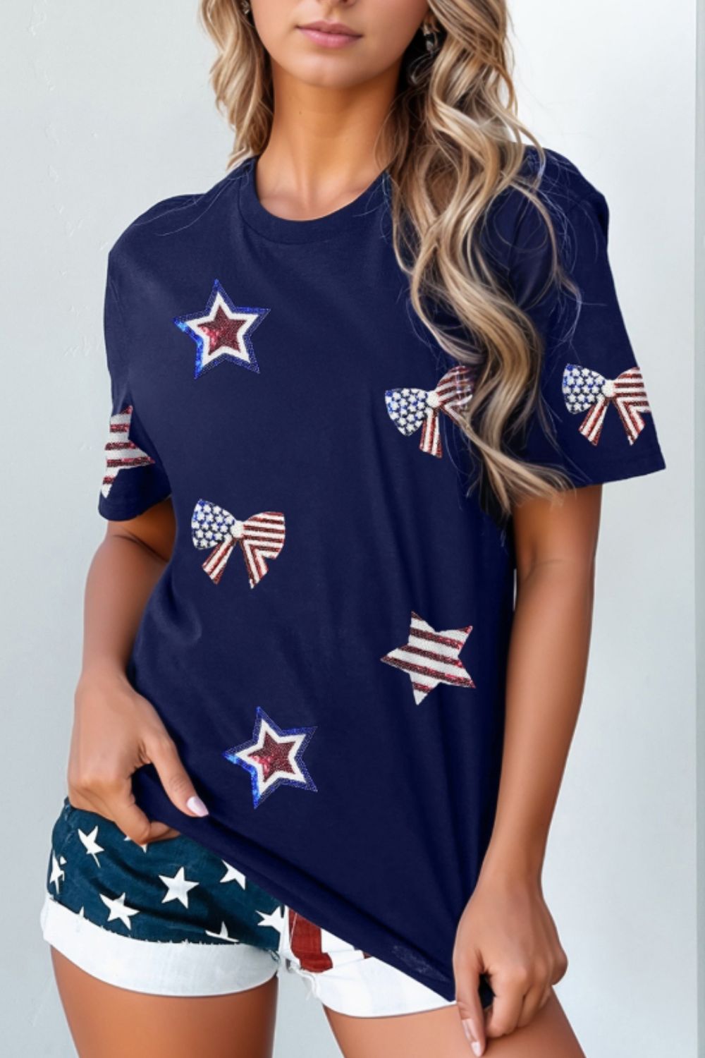 Sequin Star Round Neck Short Sleeve T-Shirt