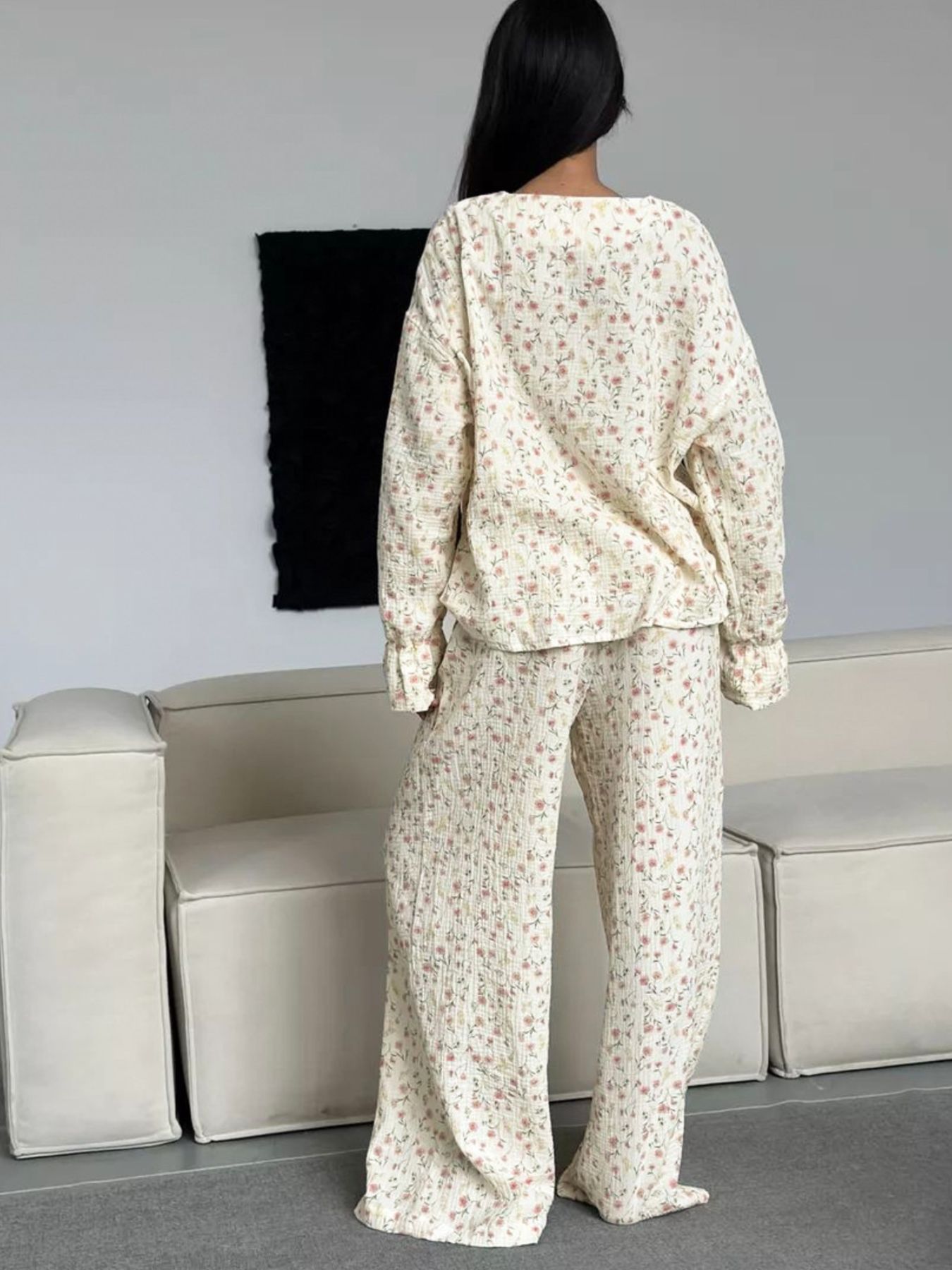 Floral Print Button-Down Top and Pants Lounge Set