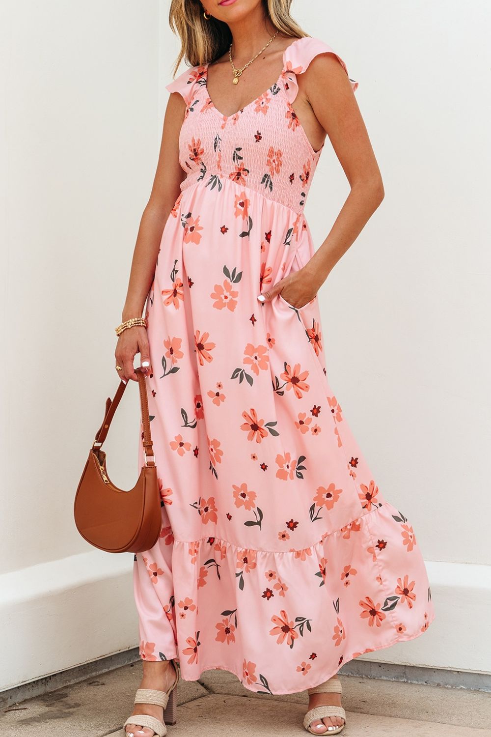 Ruffled Smocked Cap Sleeve Printed Maxi Dress