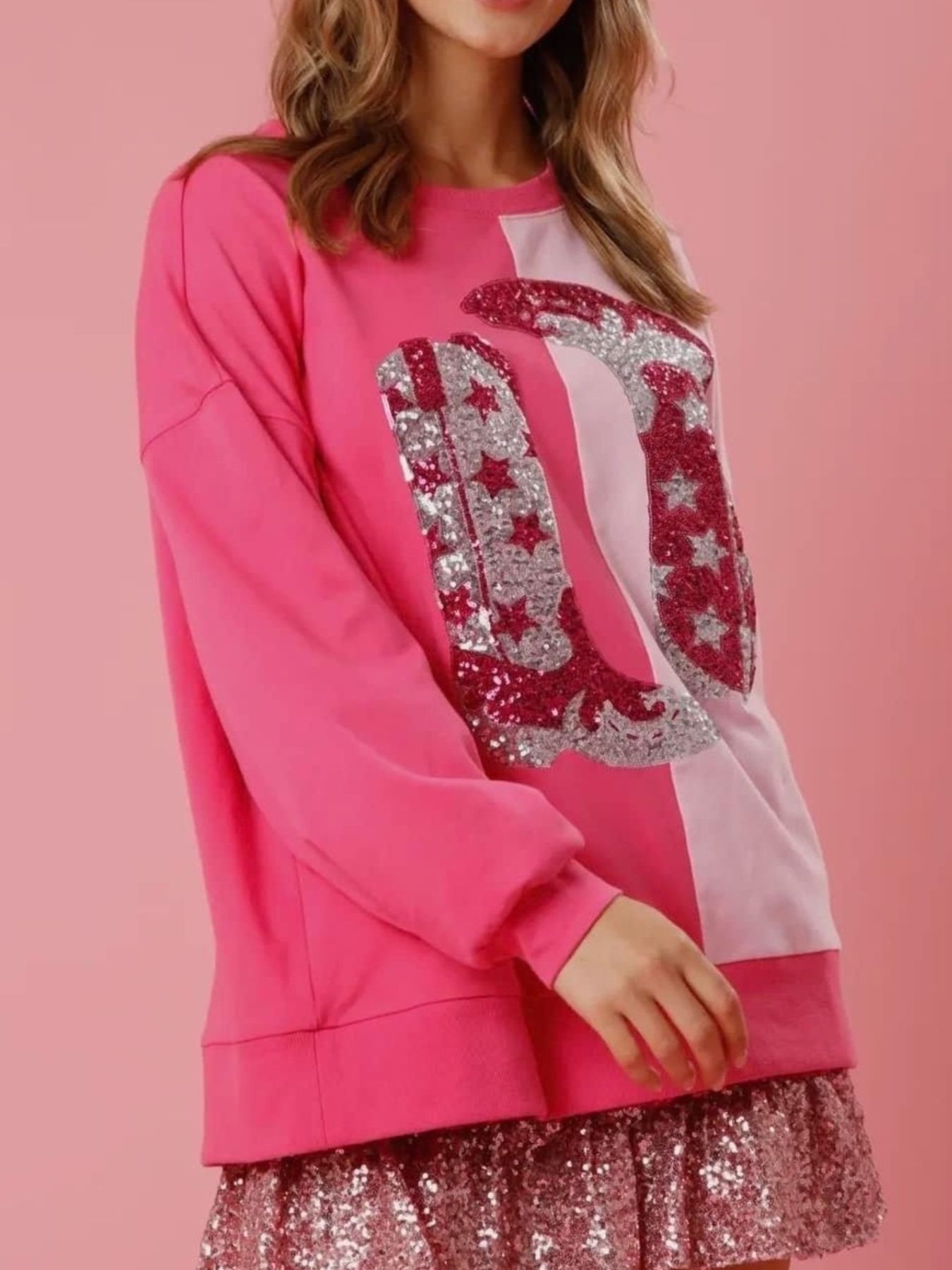 Sequin Boots Color Block Sweatshirt
