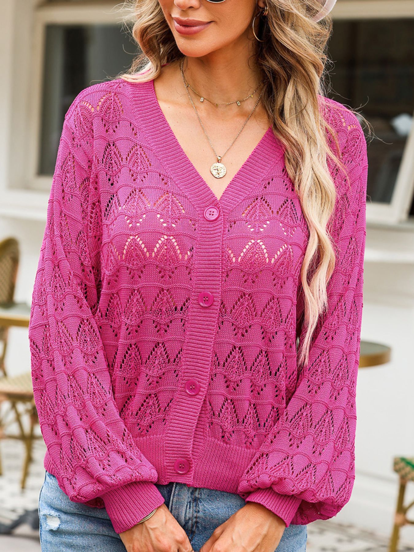 Buttoned Front Openwork Cardigan