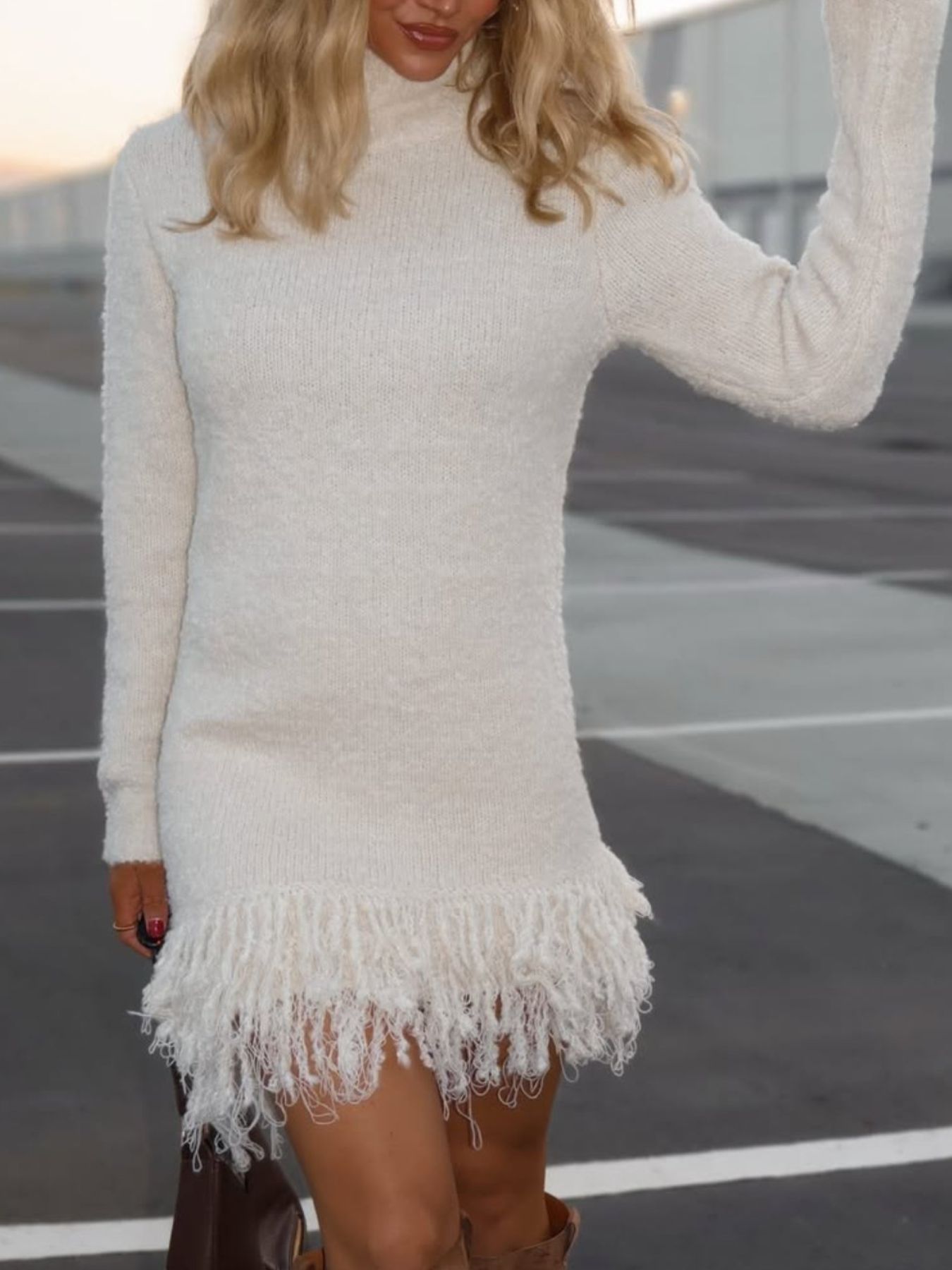 Fringe Turtleneck Long Sleeve Sweater Dress
