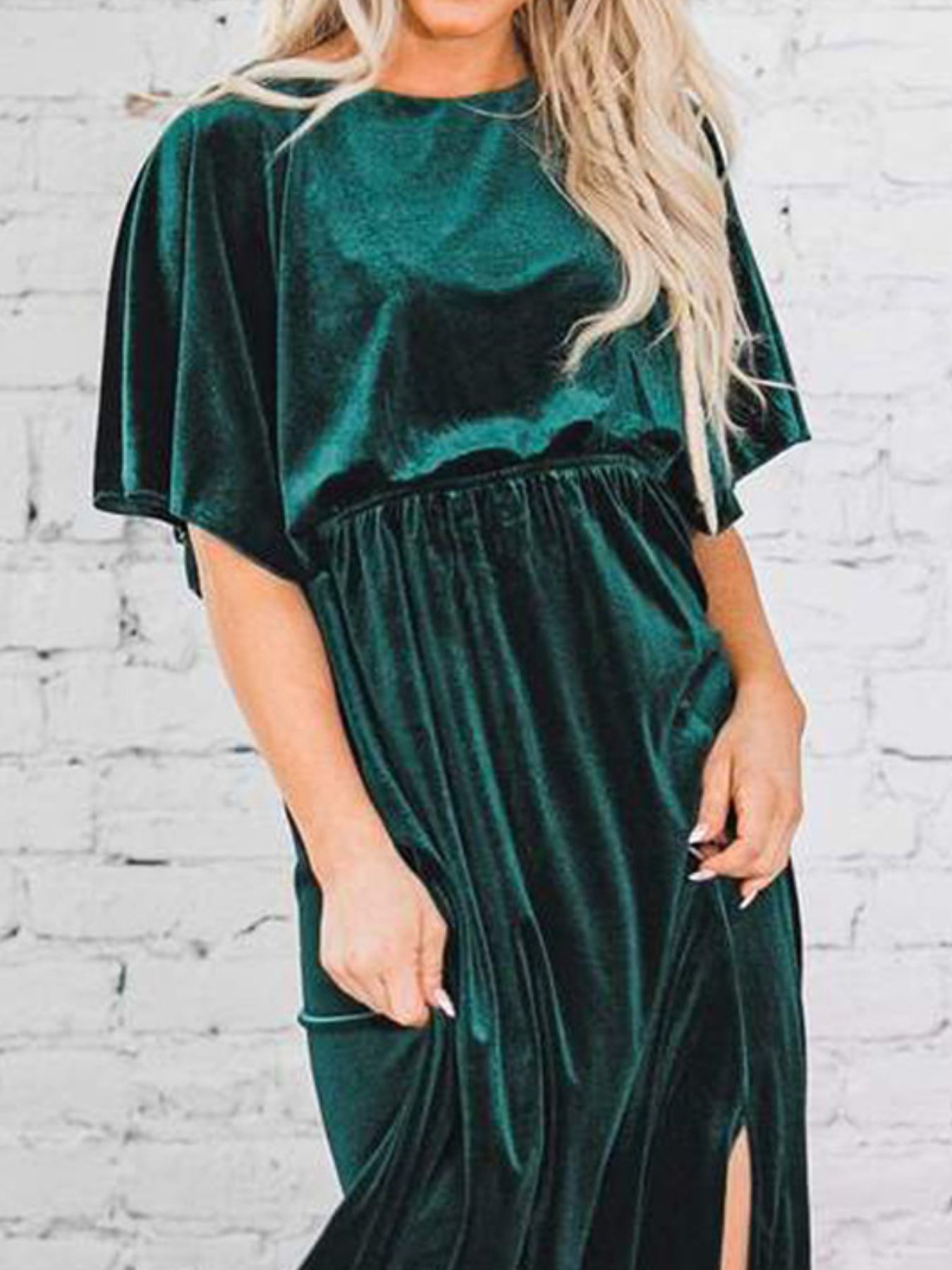 Slit Round Neck Flutter Sleeve Velvet Maxi Dress