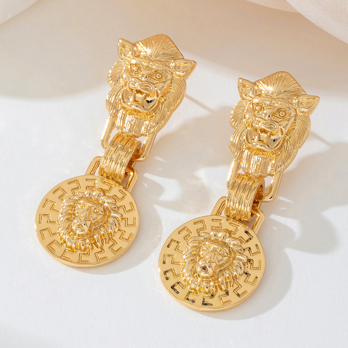 18K Gold-Plated Lion Head Medallion Drop Earrings