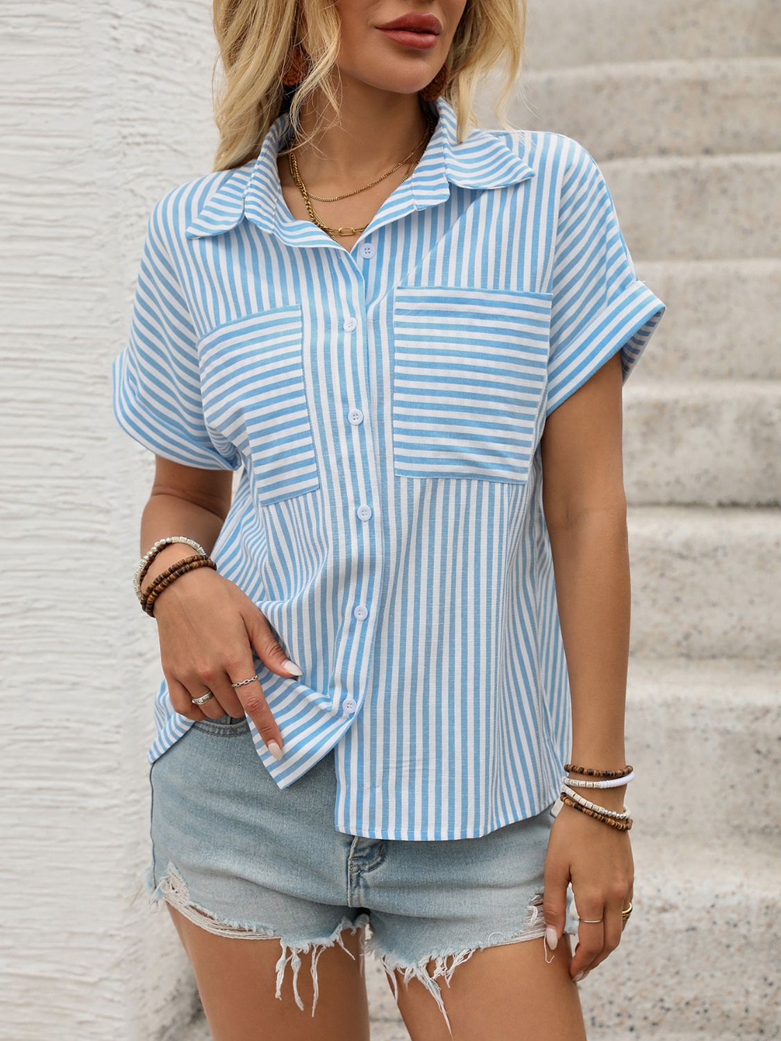 Striped Collared Neck Short Sleeve Shirt